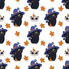 seamless pattern with a black cat in a witch's hat and autumn leaves