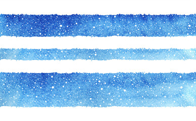 Blue watercolour stripes, winter banner templates with falling snow splash, spray dots texture. Christmas, New Year hand drawn watercolor text background. Painted streaks, ribbons with rough edge.