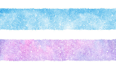 Watercolour stripes, winter banner templates with falling snow splash, spray dots texture. Christmas, New Year hand drawn watercolor text background. Painted streaks, ribbons with rough artistic edge.