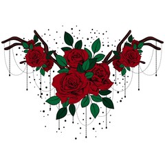 Bouquet of roses and horns. Colored botanical line art illustration. Sketch. Gothic vintage tattoo.