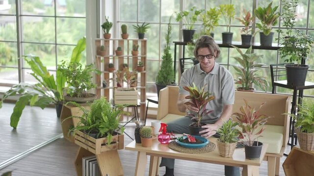 A man planting tree at home,Man taking care of her potted plants at home