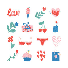 Set of Valentines day vector illustration. Trendy color palette and cute romantic elements. Doodle style.