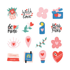 Set of Valentines day vector illustration. Trendy color palette and cute romantic elements. Doodle style.