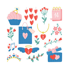 Set of Valentines day vector illustration. Trendy color palette and cute romantic elements. Doodle style.