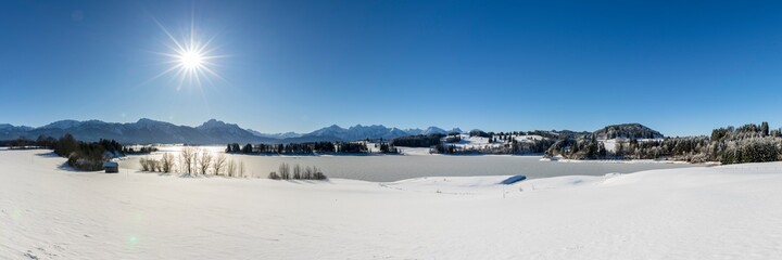 panoramic landscape in region Allgaeu in Bavaria at winter