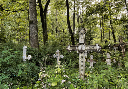 An old abandoned cemetery. Among the trees, tall grass and metal and stone ancient grave crosses