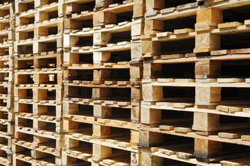 Almaty, Kazakhstan - 07.06.2016 : A stack of wooden pallets at a beer factory
