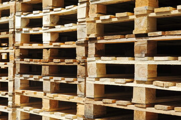 Almaty, Kazakhstan - 07.06.2016 : A stack of wooden pallets at a beer factory
