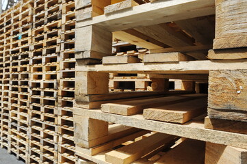 Almaty, Kazakhstan - 07.06.2016 : A stack of wooden pallets at a beer factory