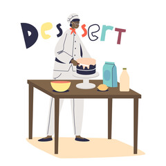 Female chef cook making cake. Woman baker confectioner preparing dessert sweets for restaurant