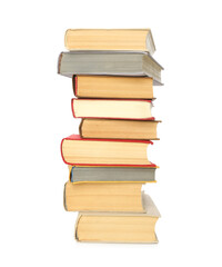 Stack of library books on white background
