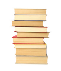 Stack of library books on white background
