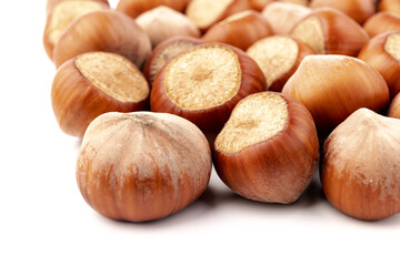 Group of hazelnuts, isolated on white background