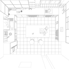 Contour of a kitchen with kitchen utensils isolated on a white background. View from above. Vector illustration