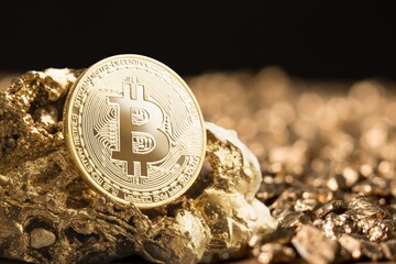 Cryptocurrency coins with gold nuggets. Investment and store of value concept.