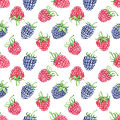 Seamless pattern of raspberries and blackberries in watercolor,juicy berry background. Summer print. Vitamins, jam, wrap, organic, diet, delicious. Perfect for fabric, digital paper, wallpaper.