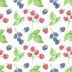 Seamless pattern of raspberries and blackberries in watercolor,juicy berry background. Summer print. Vitamins, jam, wrap, organic, diet, delicious. Perfect for fabric, digital paper, wallpaper.