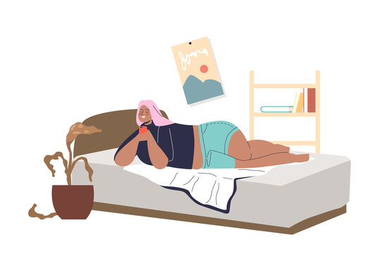 Lazy overweight girl lying in bed with smartphone in hands chatting and scrolling media at home
