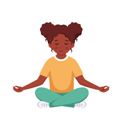 Black girl meditating in lotus pose. Gymnastic, meditation for children. Vector illustration