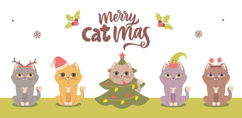 The set of different cats for Merry Christmas, logo designs, etc. The collection image of winter animals with quote. The kitty in the tree, elf, stars, hat, horns. Vector illustration