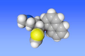 Space-filling molecular model of duloxetine. Atoms are shown as spheres with conventional color coding: carbon (gray), oxygen (red), hydrogen (white), nitrogen (blue), sulfur (yellow). 3d illustration