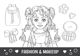 Linear pencil drawing. Antistress coloring book or page. Stylish girl with fashionable hairstyle, makeup and jewelry. Modern princess. Zen tangle style. Doll or toy. Illustration for children. Vector