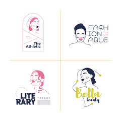 Hand drawn fashion woman logo template set. Doodle style vector illustration.