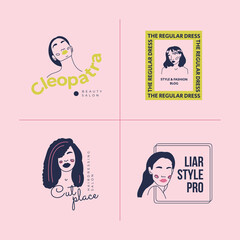 Hand drawn fashion woman logo template set. Doodle style vector illustration.