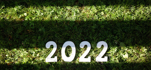 Happy New Year 2022. White wooden number 2022 on green grass. Banner. Copy space