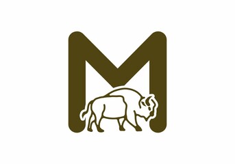 Initial letter M with bison line art