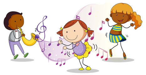 Musical melody symbols with many doodle kids cartoon character