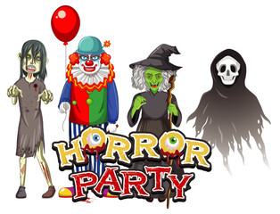 Horror Party text design with Halloween ghost characters