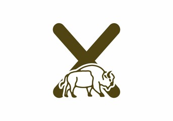 Initial letter X with bison line art