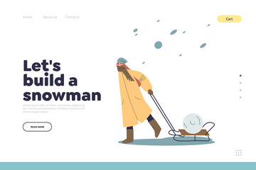 Obraz premium Build snowman concept of landing page with small girl kid carry big snowball on sledges in snowfall