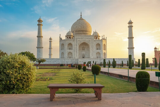 Taj Mahal monument at Agra, India at sunrise. A UNESCO World Heritage site