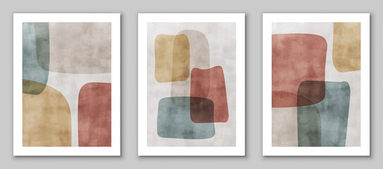 Set of trendy contemporary abstract creative minimalist hand painted compositions for wall decoration, postcard or brochure cover design in vintage style art. EPS10 vector.