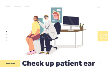 Check up patient ear concept of landing page with otolaryngologist doctor emamining female patient