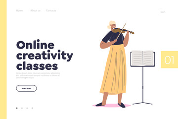 Online creativity classes concept of landing page with young woman learn to play violin © Iryna Petrenko
