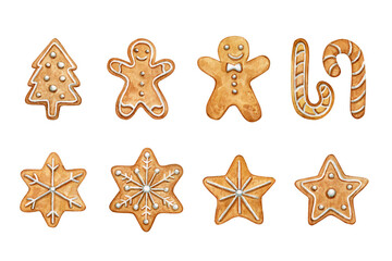 Fototapeta na wymiar Watercolor illustration of a gingerbread. Cute christmas illustration isolated on white background. Watercolor hand-drawn illustration. Clip Art. Clipart. Watercolor cartoon style illustration.
