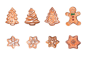 Watercolor illustration of a gingerbread. Cute christmas illustration isolated on white background. Watercolor hand-drawn illustration. Clip Art. Clipart. Watercolor cartoon style illustration.