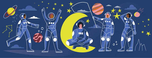 Women astronaut in spacesuit space vector line illustration banner. Female cosmonaut on Moon. Girl spaceman in space costume and helmet with flag. Star galaxy discovery set with characters © Maria Petrish