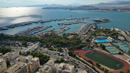 Aerial drone photo of famous seaside Athens riviera area of Faliro and Flisvos featuring a luxury marina for yachts and sailboats, Attica, Greece