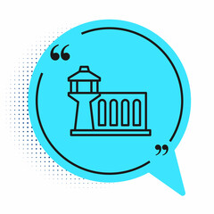 Black line Airport control tower icon isolated on white background. Blue speech bubble symbol. Vector