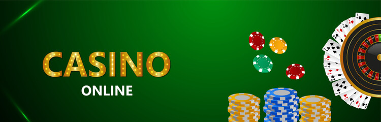 Casino online gambling game with creative vector playing cards, roulette wheel and casino chips