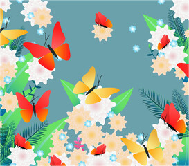 Obraz na płótnie Canvas Beautiful flowers, leaves and butterflies on blue background. Editable vector illustraion design