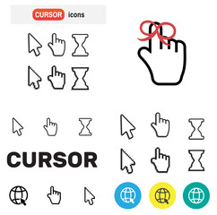 Pixel cursors icons mouse hand arrow. Mouse computer cursor. Hand arrow web cursor set