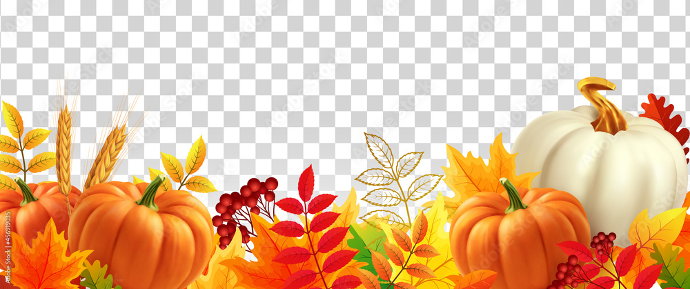 Wall mural white and yellow pumpkins, orange leaves on transparent background. autumn festival invitation. bord