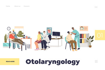 Otolaryngology concept of landing page with otolaryngologist checkup of patient nose, throat and ear