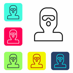 Black line Thief mask icon isolated on white background. Bandit mask, criminal man. Set icons in color square buttons. Vector