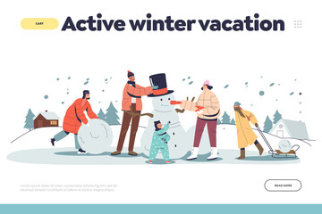 Active winter vacation concept of landing page with happy family outdoors making snowman together